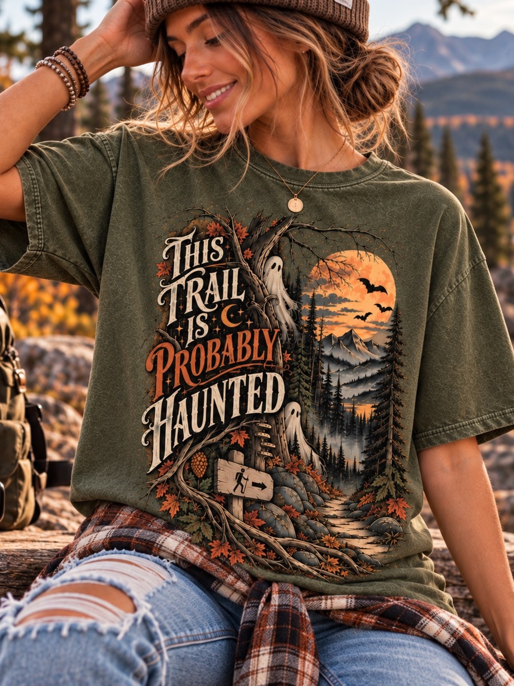 Olive Spooky Season 'This Trail Is Probably Haunted' Women's Short-Sleeve Tee